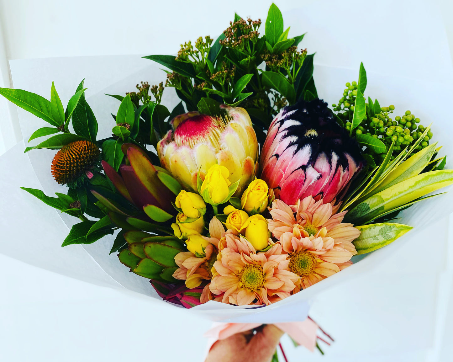 Mixed posy ; A mixed bouquet of locally grown flowers and foliage
