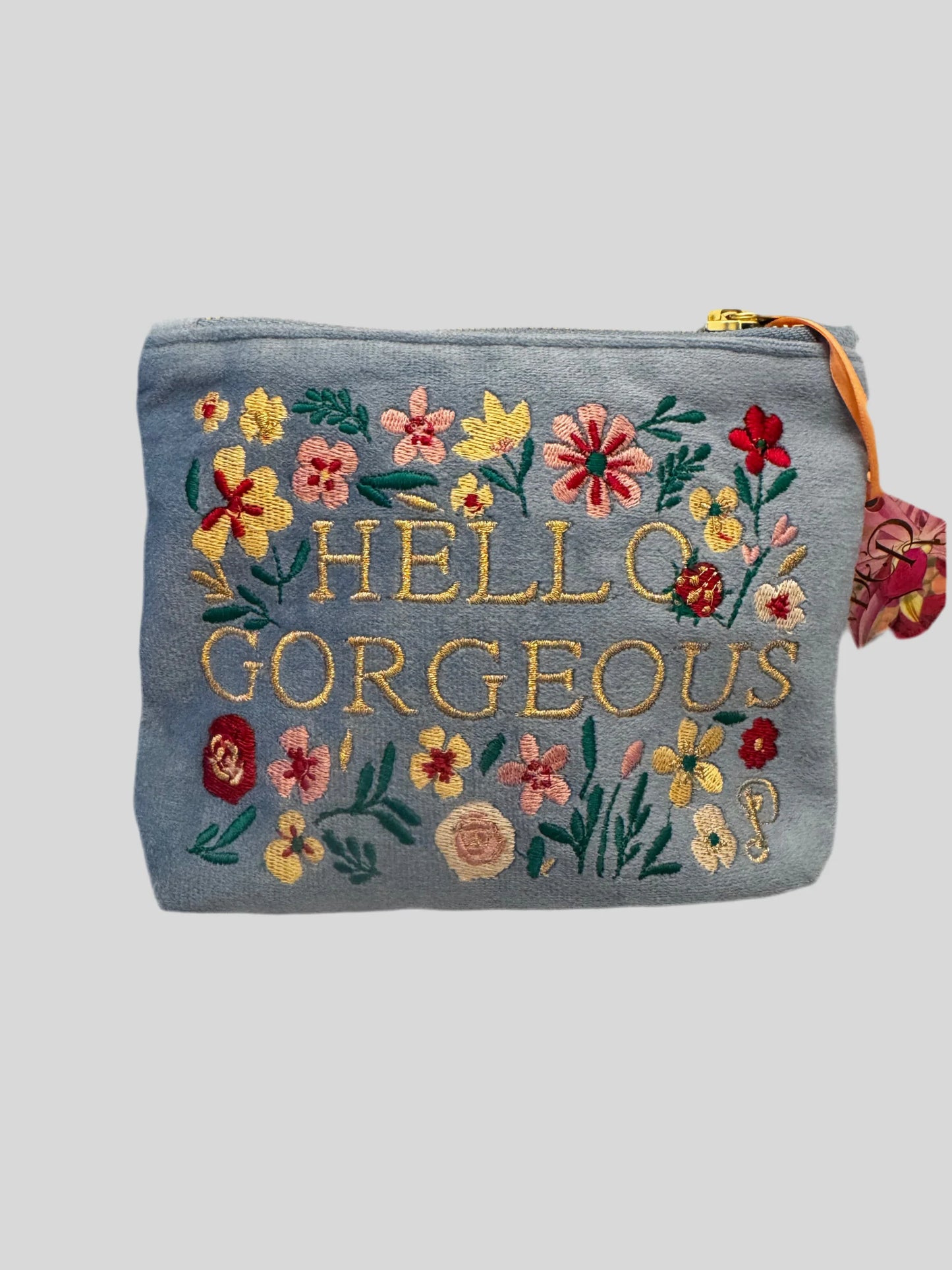 Powder Velvet Embroidered Mini Pouch with Hello Gorgeous