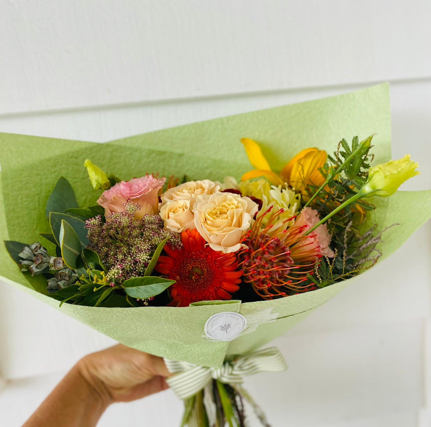 Mixed posy ; A mixed bouquet of locally grown flowers and foliage