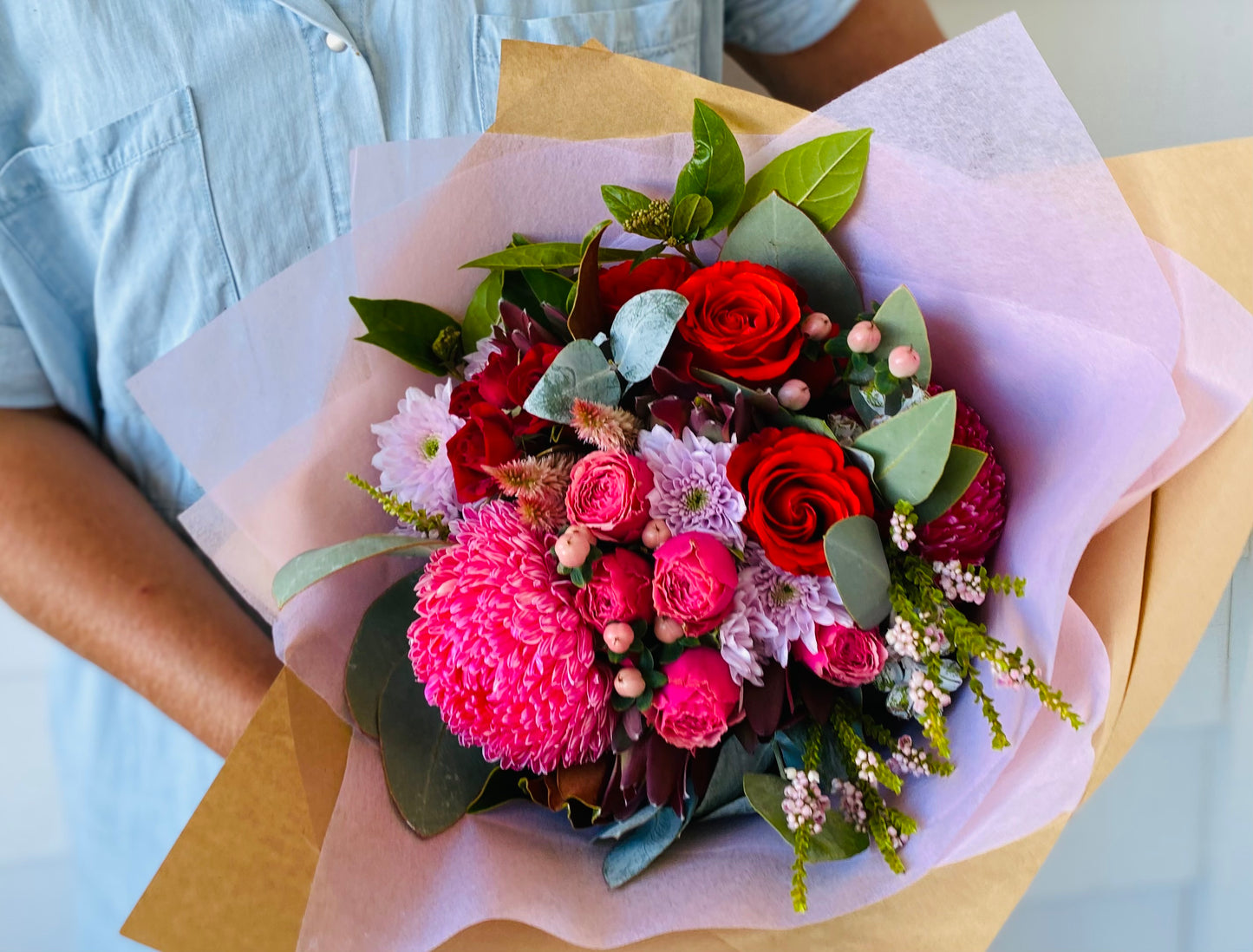 Valentine Special ; A large mixed bouquet of locally grown flowers and foliage