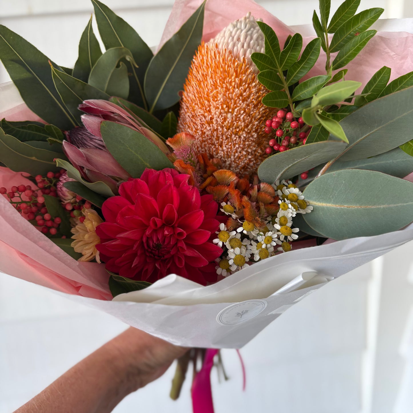 Valentine Special ; A medium  mixed bouquet of locally grown flowers and foliage
