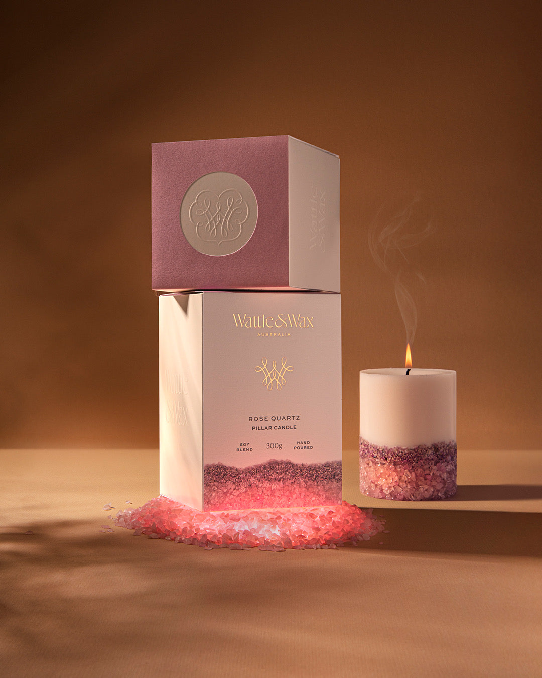 Rose Quartz Pillar Candle - Small. Scent Lychee & Peony