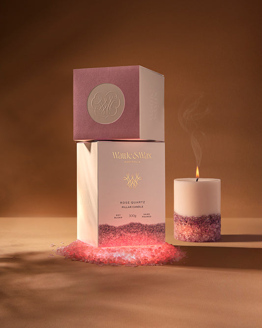 Rose Quartz Pillar Candle - Small. Scent Lychee & Peony