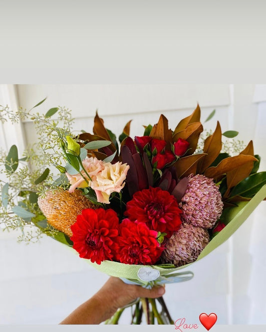 Valentine Special ; A medium  mixed bouquet of locally grown flowers and foliage