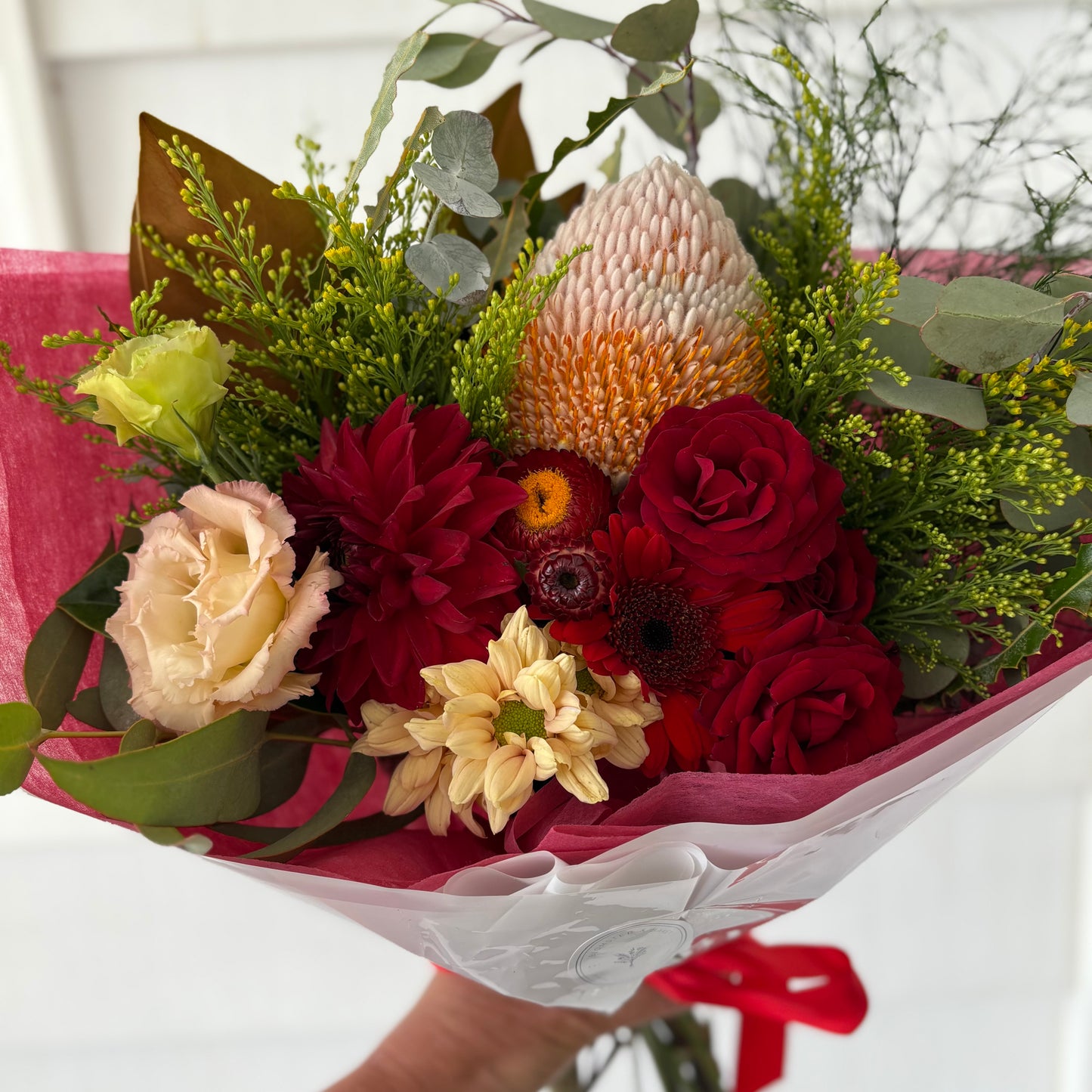 Valentine Special ; A medium  mixed bouquet of locally grown flowers and foliage