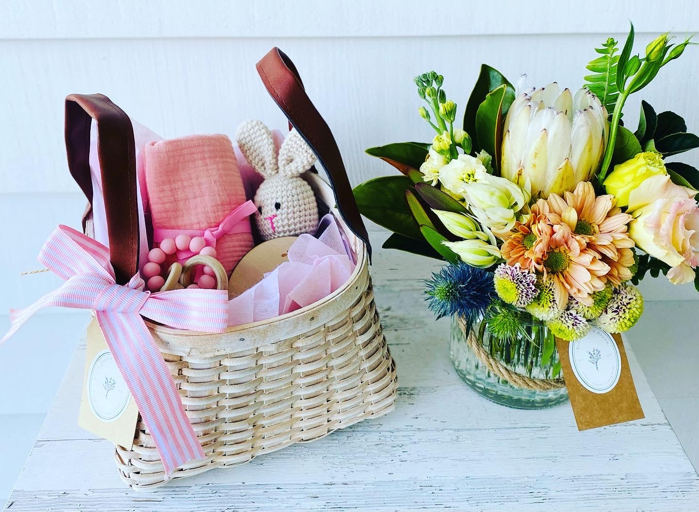 Handmade Rabbit Crochet Rattle Knitted, Newborn Baby Gift Set together with  a small posy in a vase.