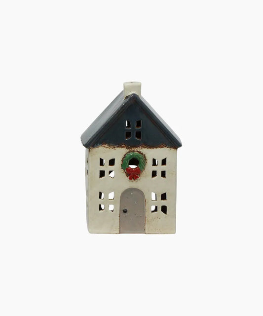 CHRISTMAS TEA LIGHT HOUSE BLUE WITH WREATH SMALL