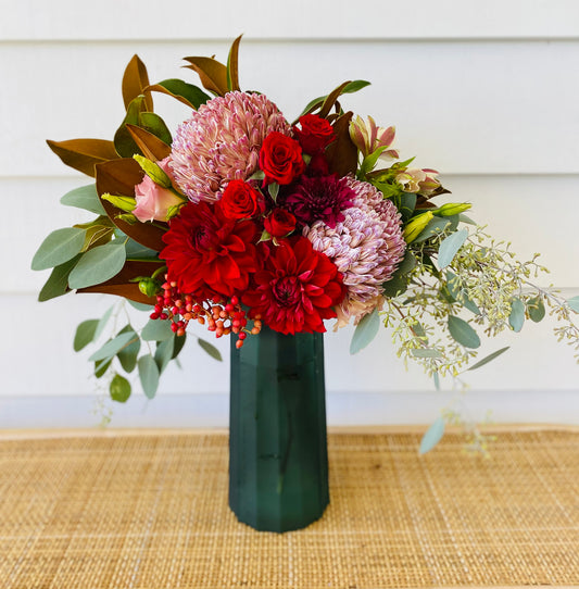 Valentine Special ; A mixed bouquet of locally grown flowers and foliage in a vase